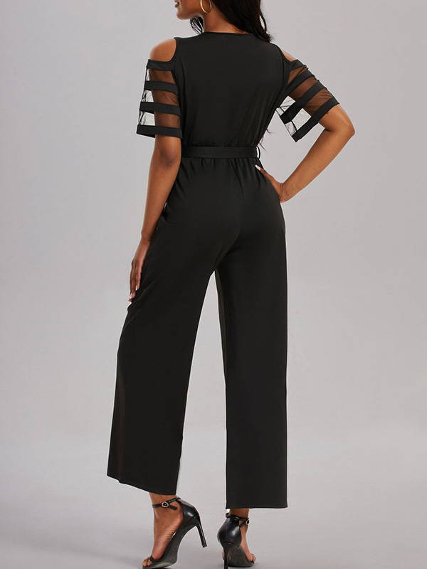 Hollow Mesh Solid Color Tied Waist High Waisted Loose V-Neck Jumpsuits