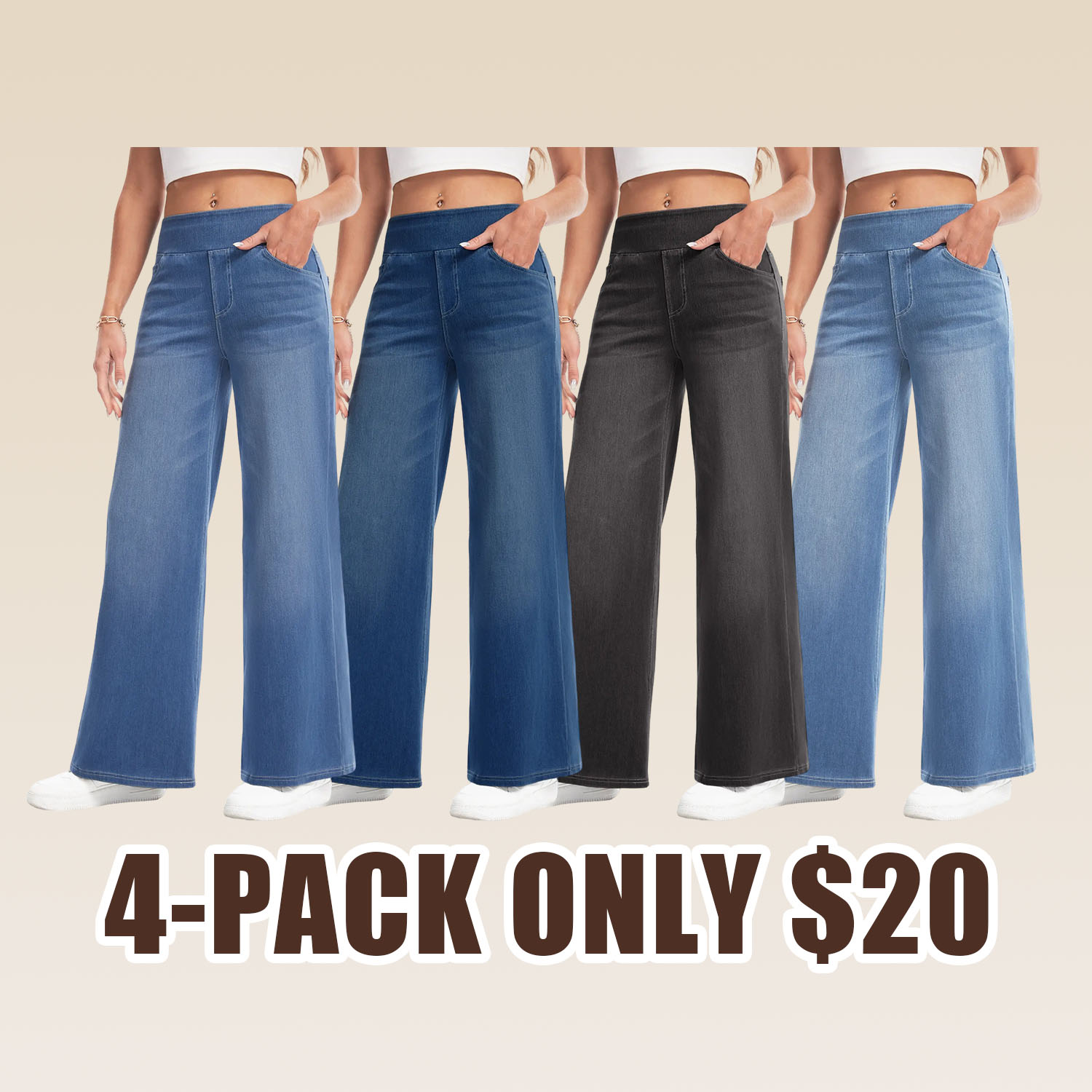Wide Leg Stretchy Jeans for Women Loose Fit Elastic High Waist Pants Pull On Baggy Fit Jeans Tummy Control Trousers Casual Work Wear (Regular Inseam)