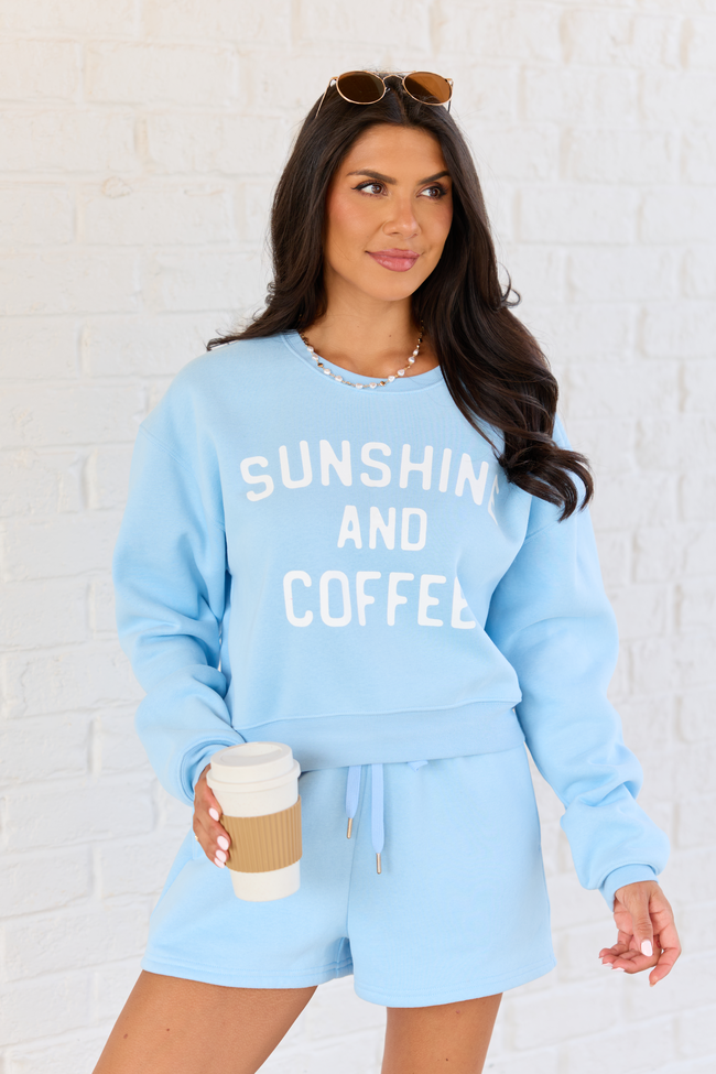 Sunshine And Coffee Light Blue Cropped Graphic Sweatshirt