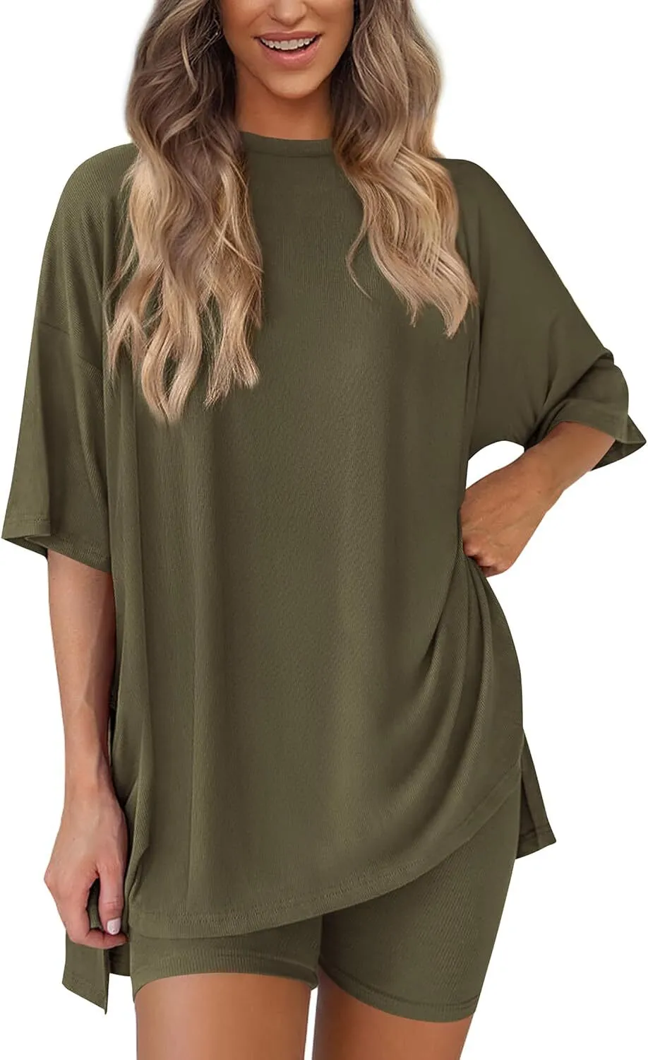 Special Sale❤️Women's Two Piece Lounge Set 2026 Summer Casual Oversized Shirts  Biker Shorts Matching Airport Travel Outfit
