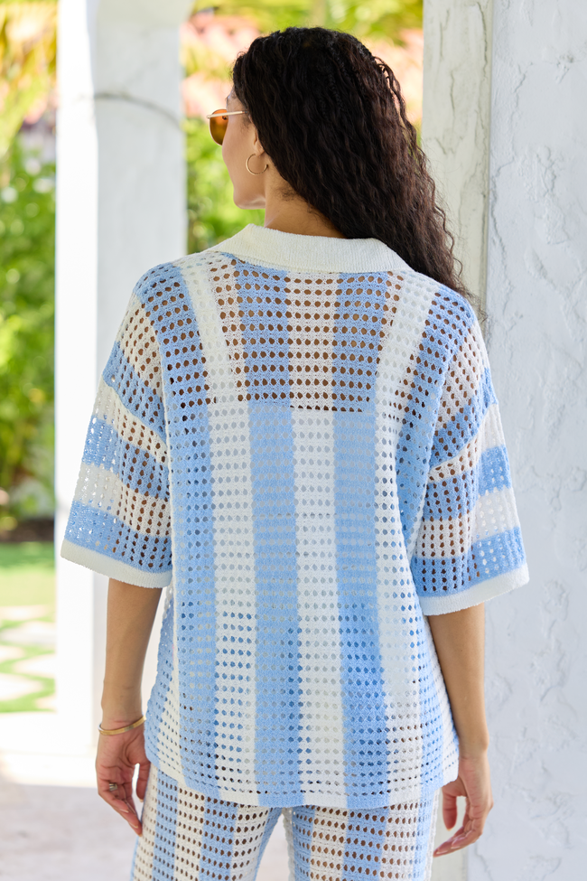 Blue Stripe Crochet Cover-Up Top