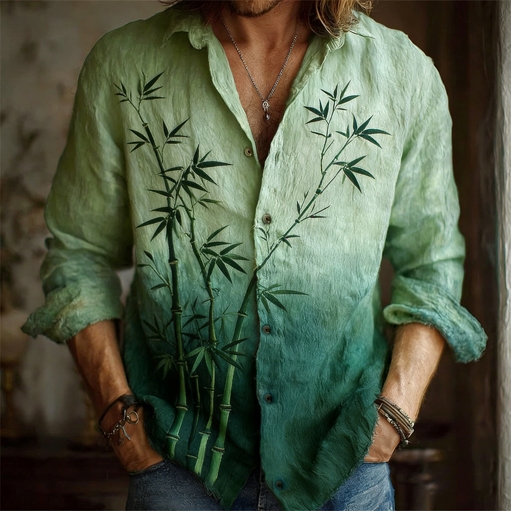 Japanese Bamboo Gradient Pattern Men's Linen Long Sleeve Shirt