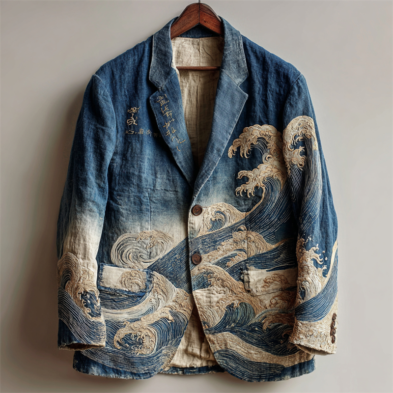 Men's Japanese Sea Waves Gradient Washed Casual Blazer