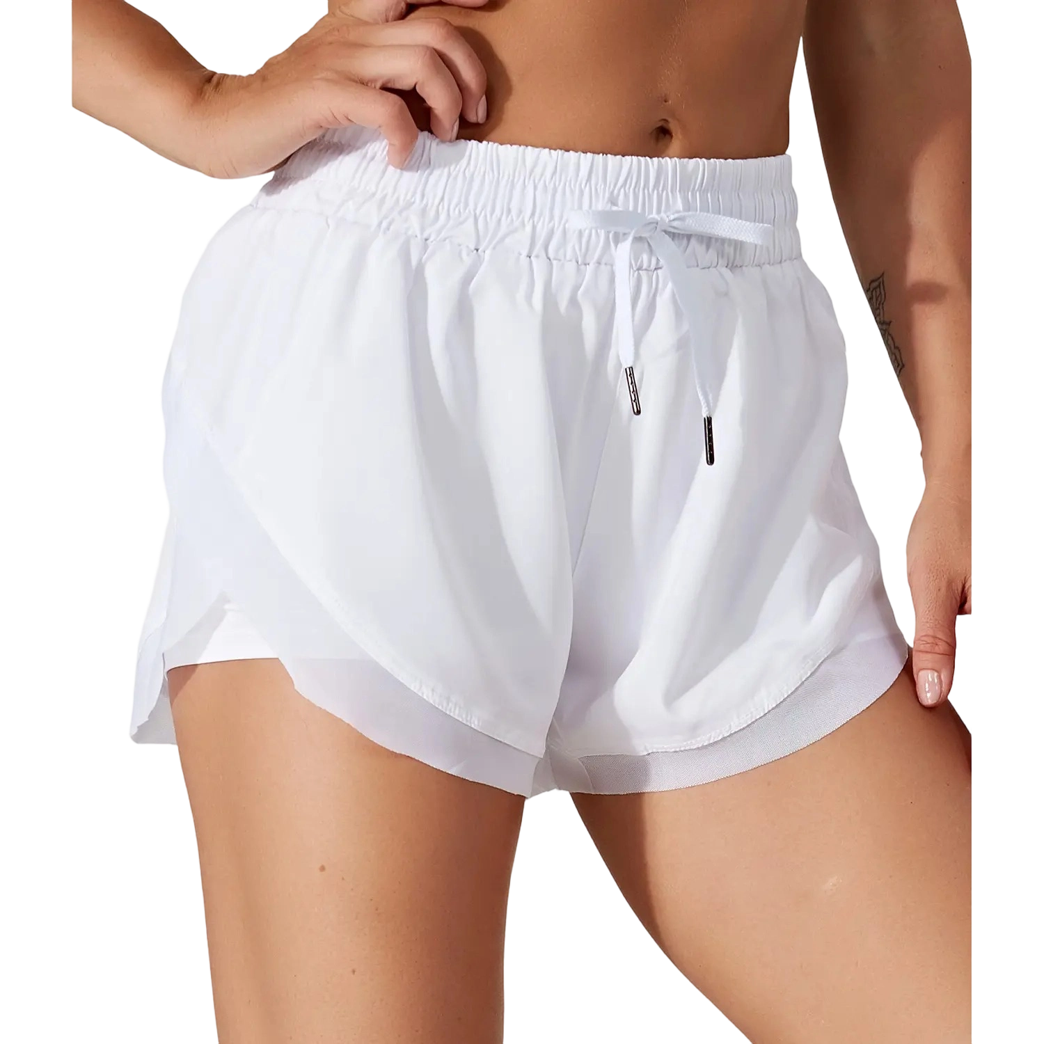 🏃Women’s 2-in-1 Mesh Active Shorts – Flowy Overlay & Adjustable Drawstring