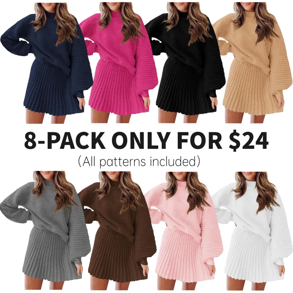 Women's long-sleeved sweater and mini skirt two-piece set