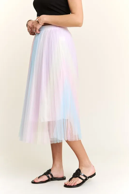 Unicorn Pleated Mesh Flare Midi Skirt