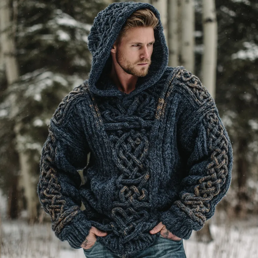 Vintage Viking Celtic Knot Art Chunky Knit Hooded Sweater
