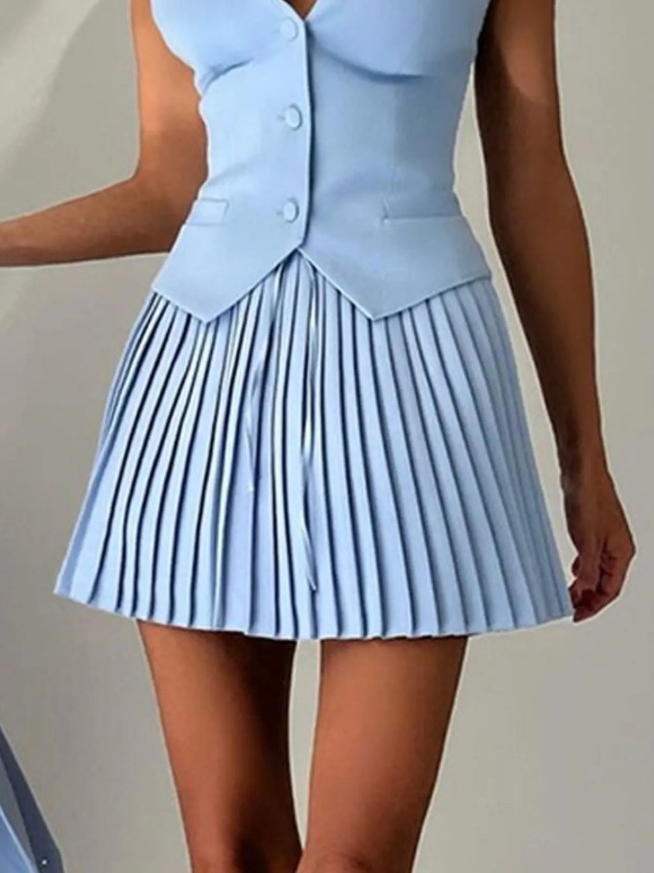 Button Up Vest and Pleated Mini Skirt Set