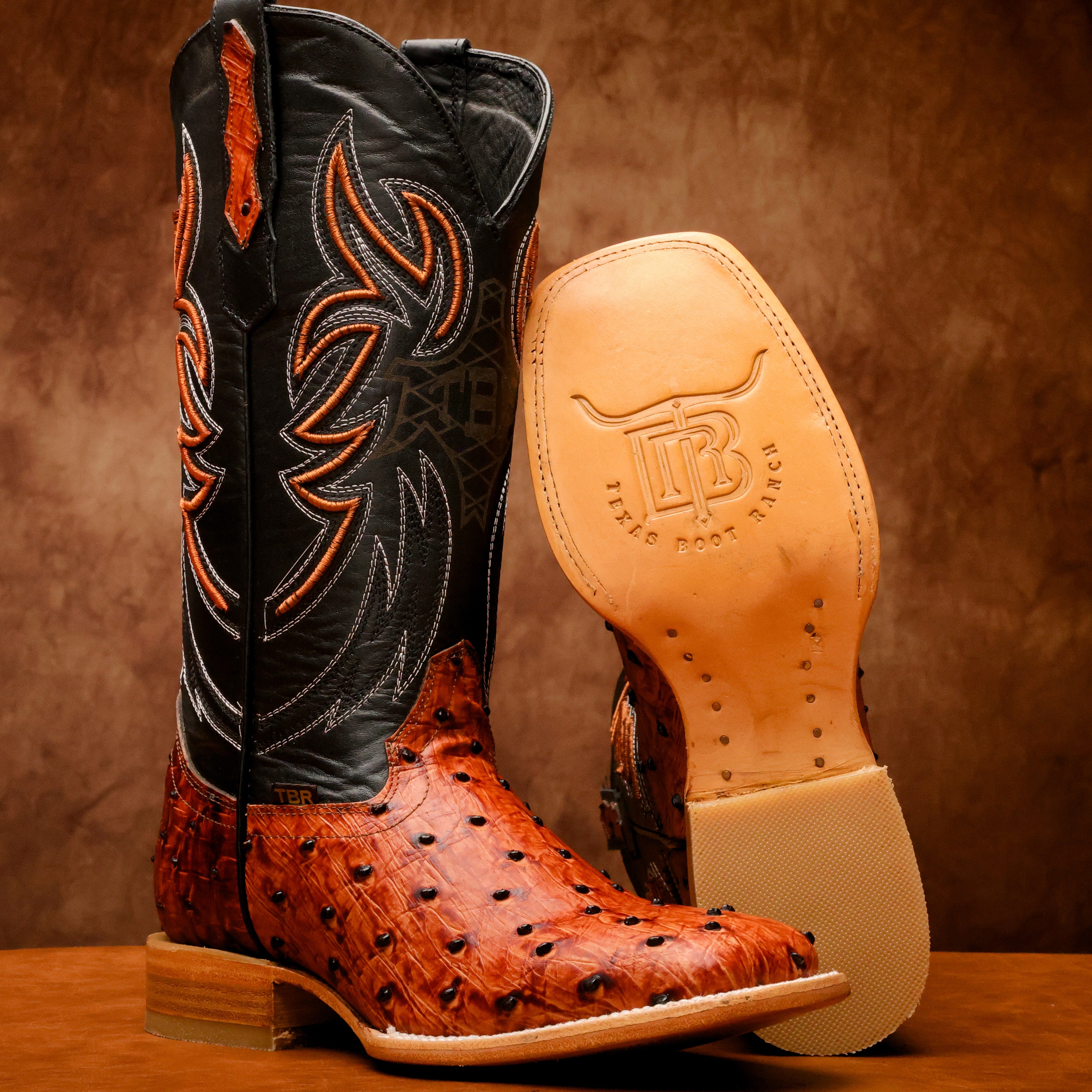 Cognac Ostrich Leather Boots - Square Toe