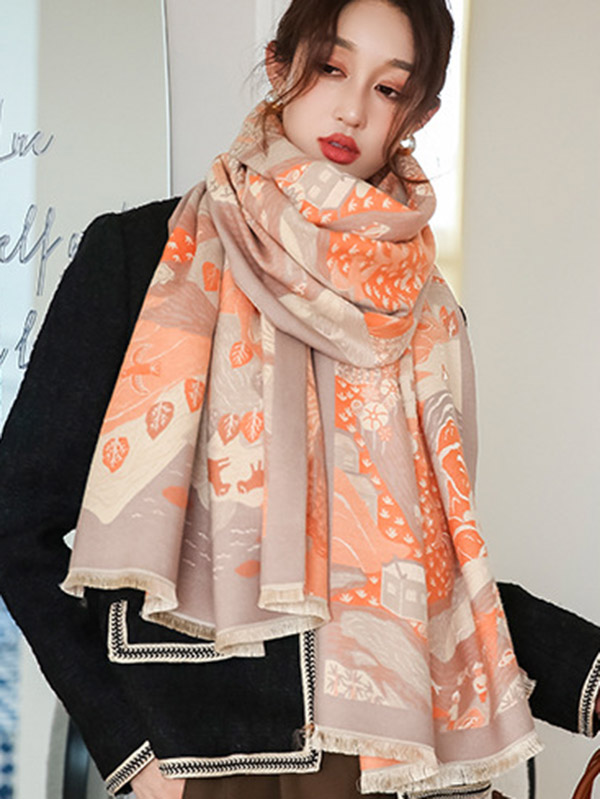Vintage Printed Tasseled Shawl&Scarf