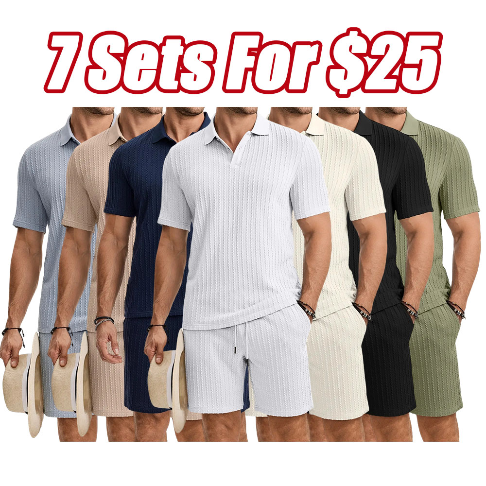 Men 2 Piece Jacquard Knit Lounge Sets Short Sleeve Polo Shirt and Shorts Sets Summer Outfits with Pockets