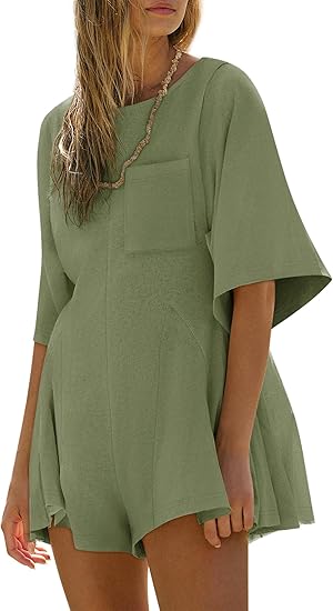 Women Spring Outfits Summer Casual Short Sleeve Crew Neck Loose Jumpsuits with Pocket