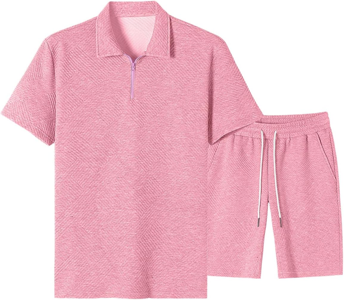 Men's Tracksuits 2 Piece Outfits Casual Sweatsuit Textured 1/4 Zip Short Sleeve Golf Polo Shirt and Short Sets