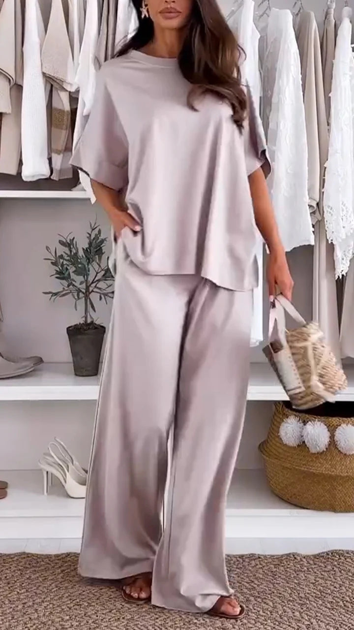 Ladies' Round Neck Solid Color Loose Casual Suit