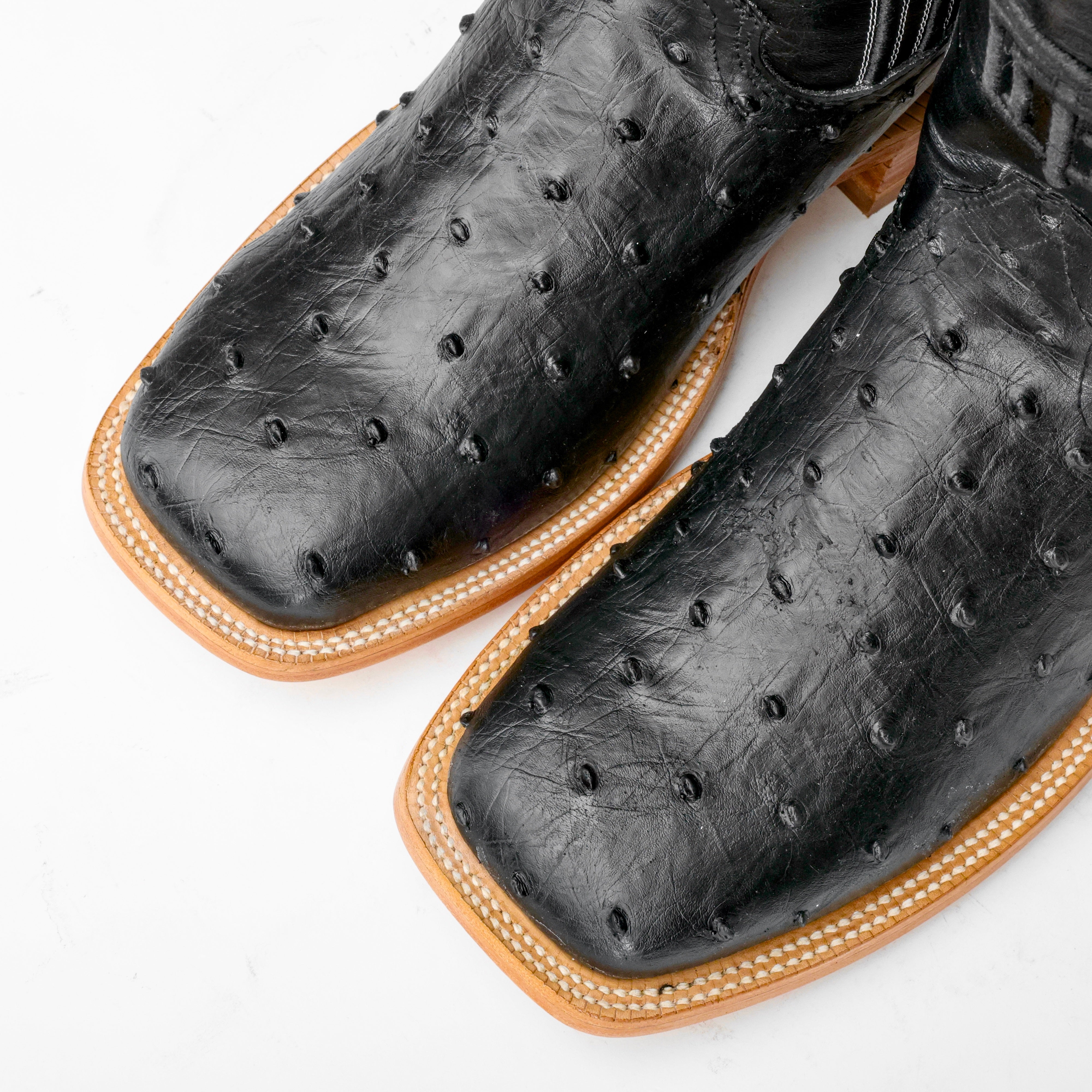 Black Ostrich Leather Boots - Square Toe