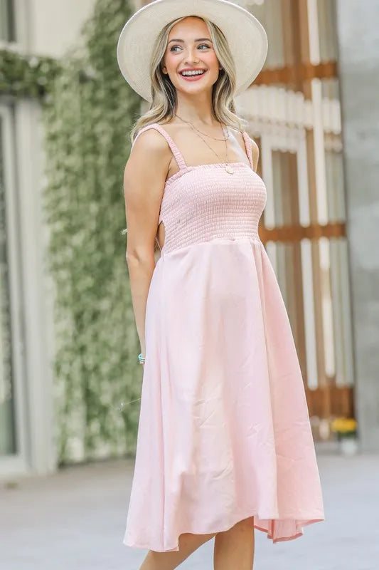 Smocking Open-Back Sleeveless Midi Dress