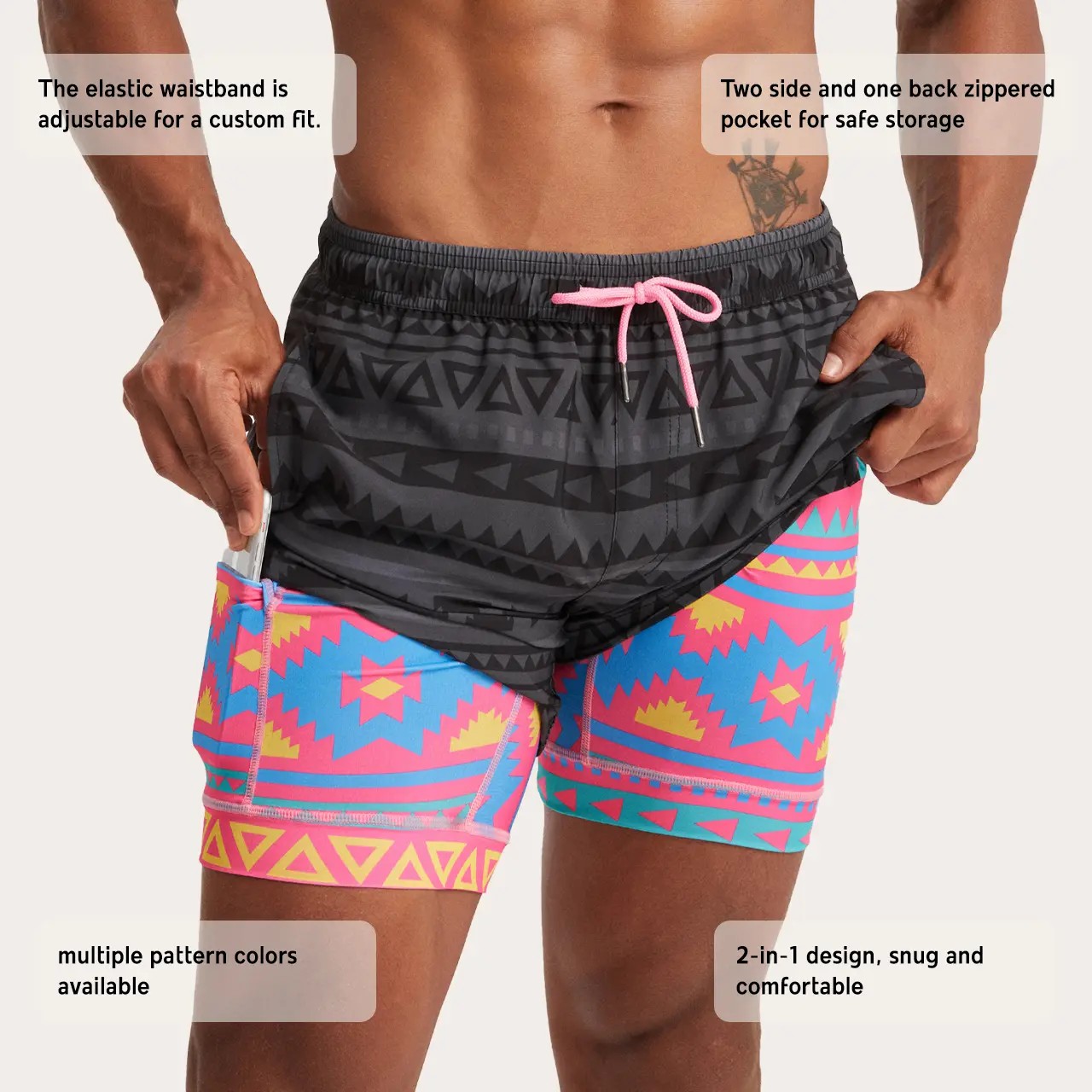 2 in 1 Stretch Short Lined Black Mayan Gym Shorts, Breathable Comfort Workout Athletic Training Shorts with Phone Pockets