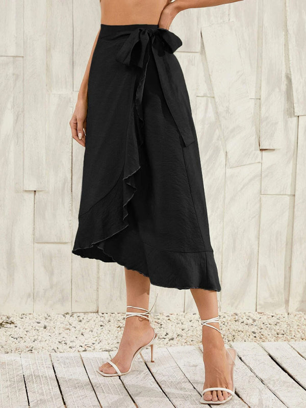 Waist Tie Solid Color Irregular Midi Flare Skirt