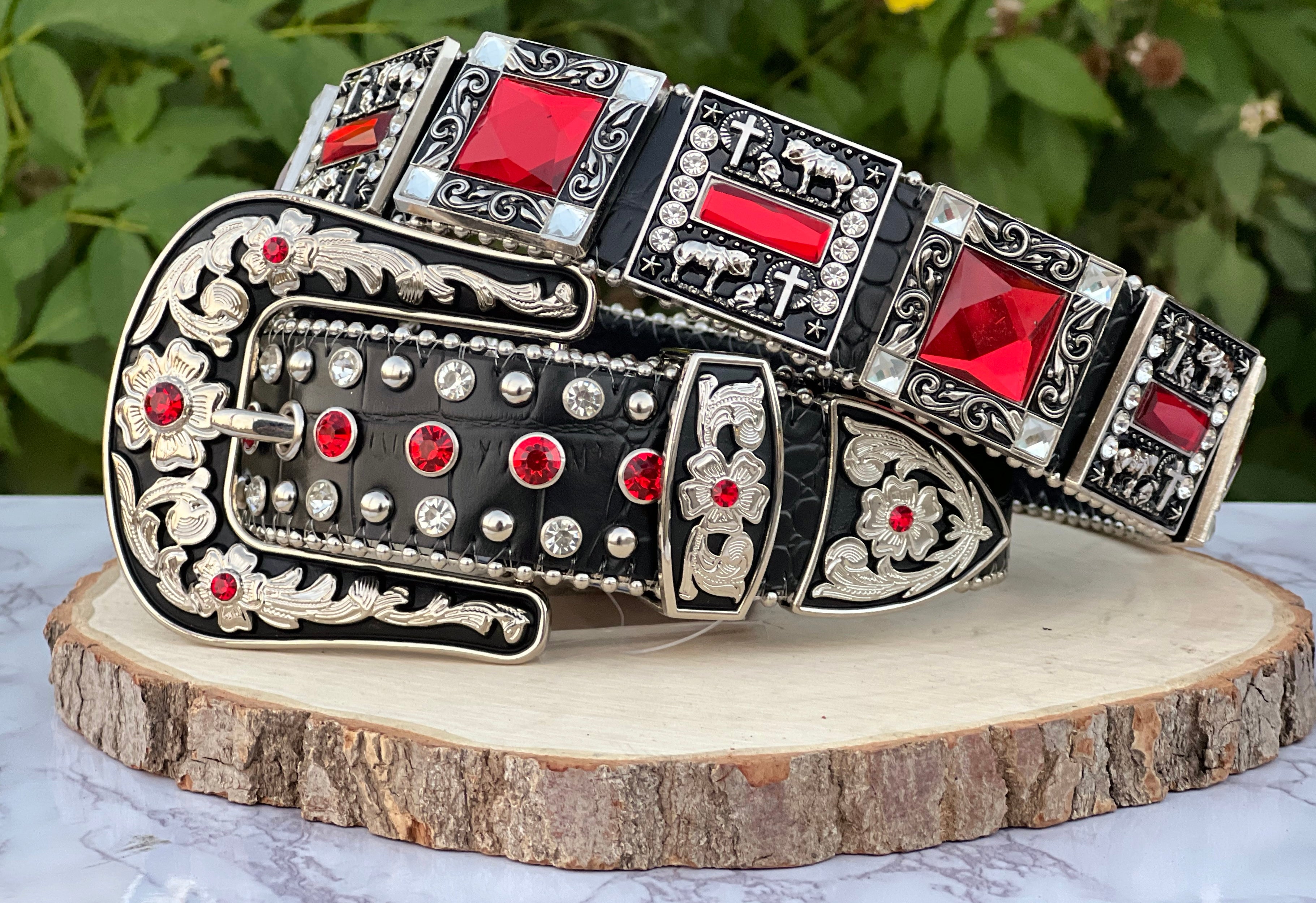 Western Black Leather Belt With Red/ Praying Cowboy Rhinestones