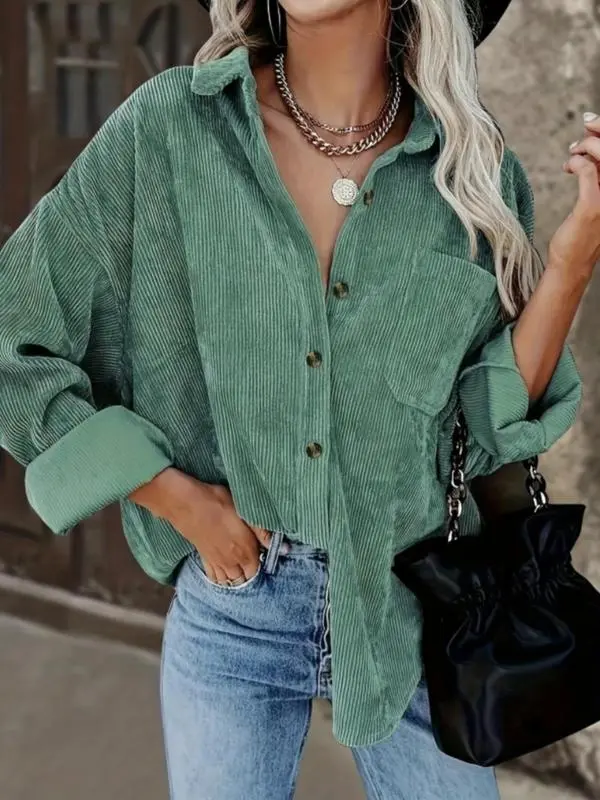 Women's Plain Pocket Button Front Corduroy Shirt