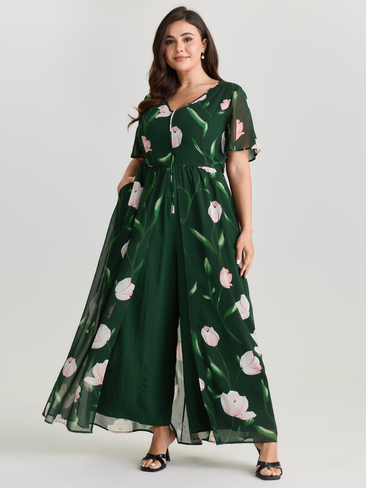 Hidden Zipper Floral Layered Pockets Jumpsuit