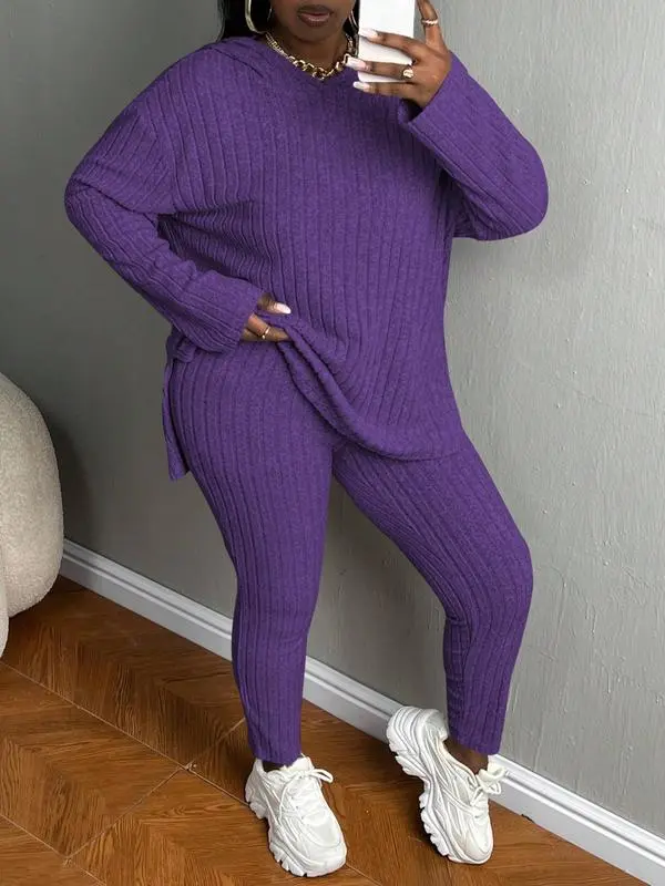 Plus Size Women’s Ribbed Hoodie & Pants Set – Cozy Casual Fall & Winter Outfit