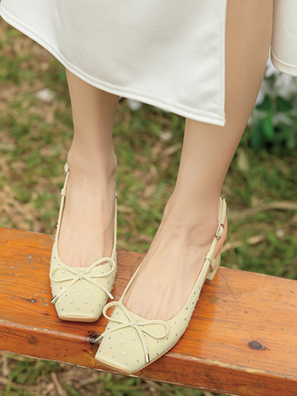 Belt Buckle Rhinestone Split-Joint Square-Toe Sling Shoes Pumps