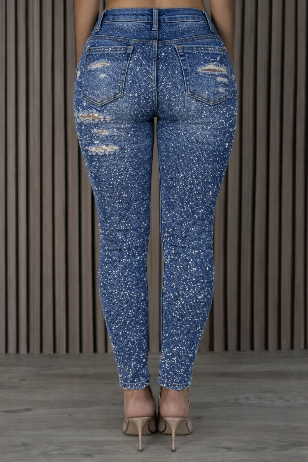 Women's Ripped High-elasticity Hot-fix Rhinestone Skinny Jeans