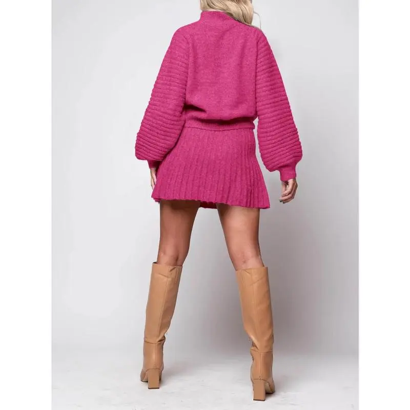 Women's long-sleeved sweater and mini skirt two-piece set