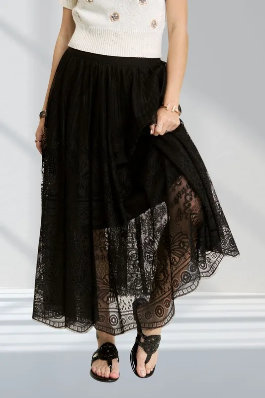 Elastic Waist Raw Hem Lace Maxi Skirt