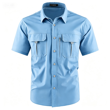 Men's American-Style Solid Color Shirt with Hidden Ventilation Holes Casual Summer Beach Nylon Shirt High-Quality Fabric Short Sleeves Button Closures