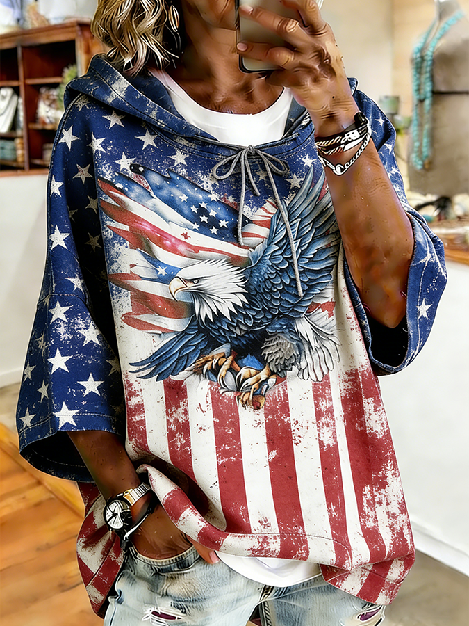Women's Patriotic Distressed American Flag Bald Eagle Print Hooded
