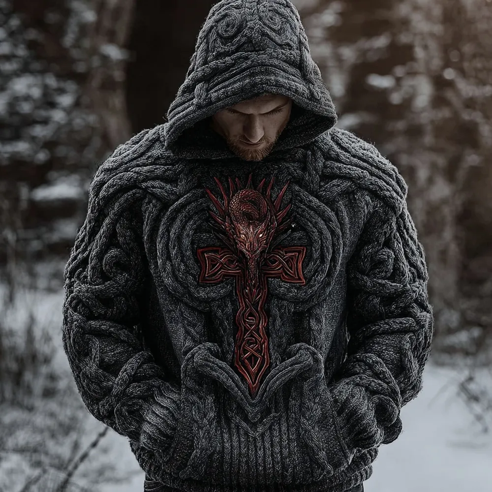 Men's Vintage Dragon Cross Celtic Chunky Hooded Sweater