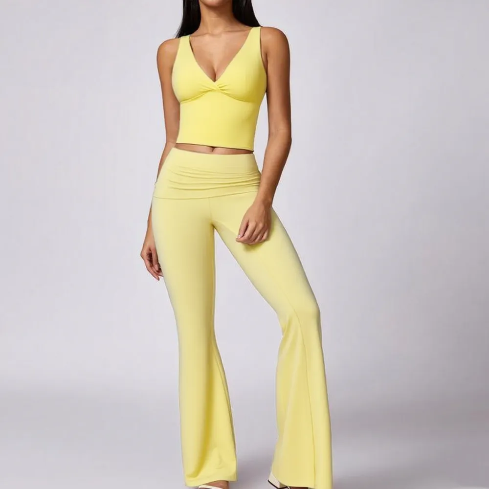 Women's 2-Piece Deep V Neck U-Back Tank & High-Waist Flared Leggings Set