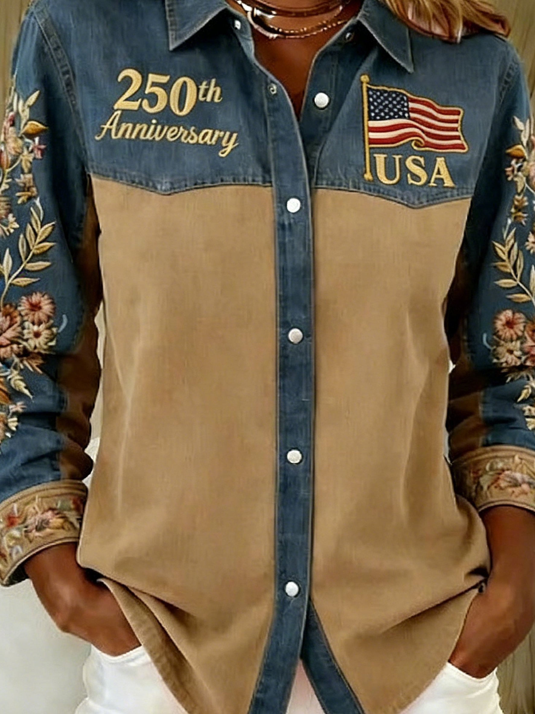 Shawl Collar Long Sleeve Color Block Regular Loose Shirt For Women