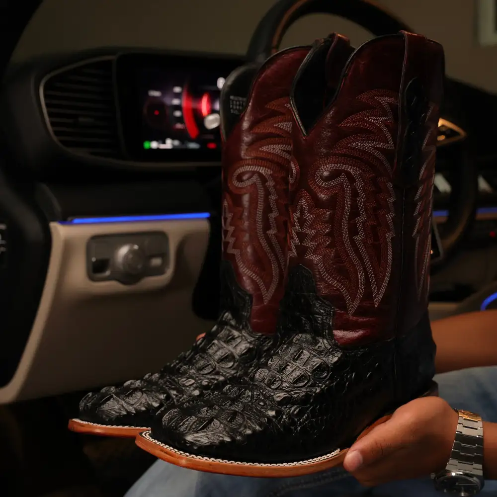 Black Caiman Leather Boots - Square Toe