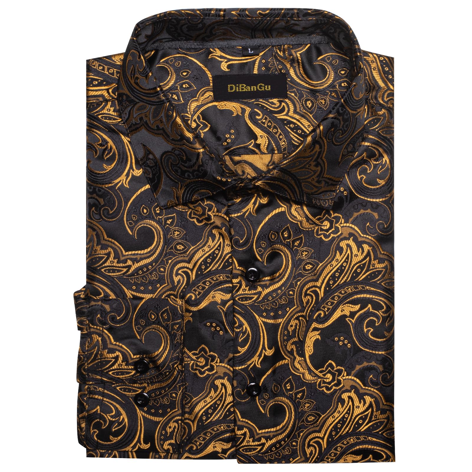Men's Paisley Dress Shirt Long Sleeve Wrinkle Free Button Down Cowboy Shirts -Carbon Black&gold&paisley