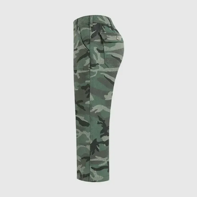 Camo Print Mid Waist Straight Leg Capri Pants Without Belt