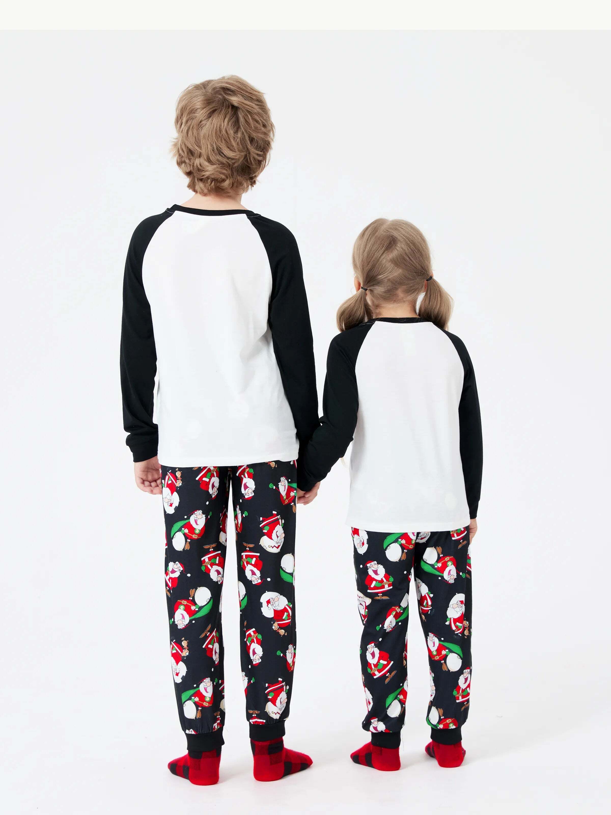 Christmas Matching Family Pajamas Set Christmas Santa Print Black and White PJS with Christmas Socks Black