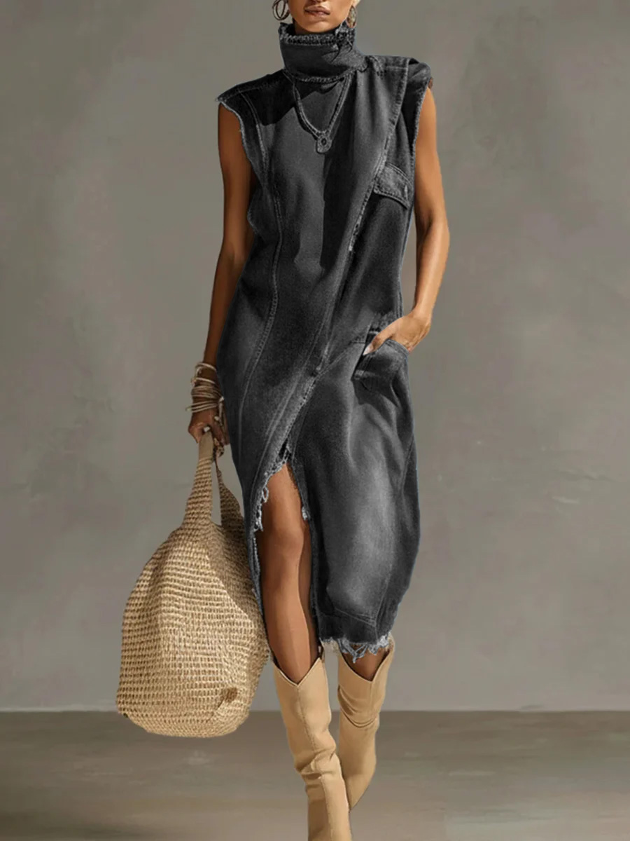 Women's Stand-collar Sleeveless Casual Loose Denim Dress