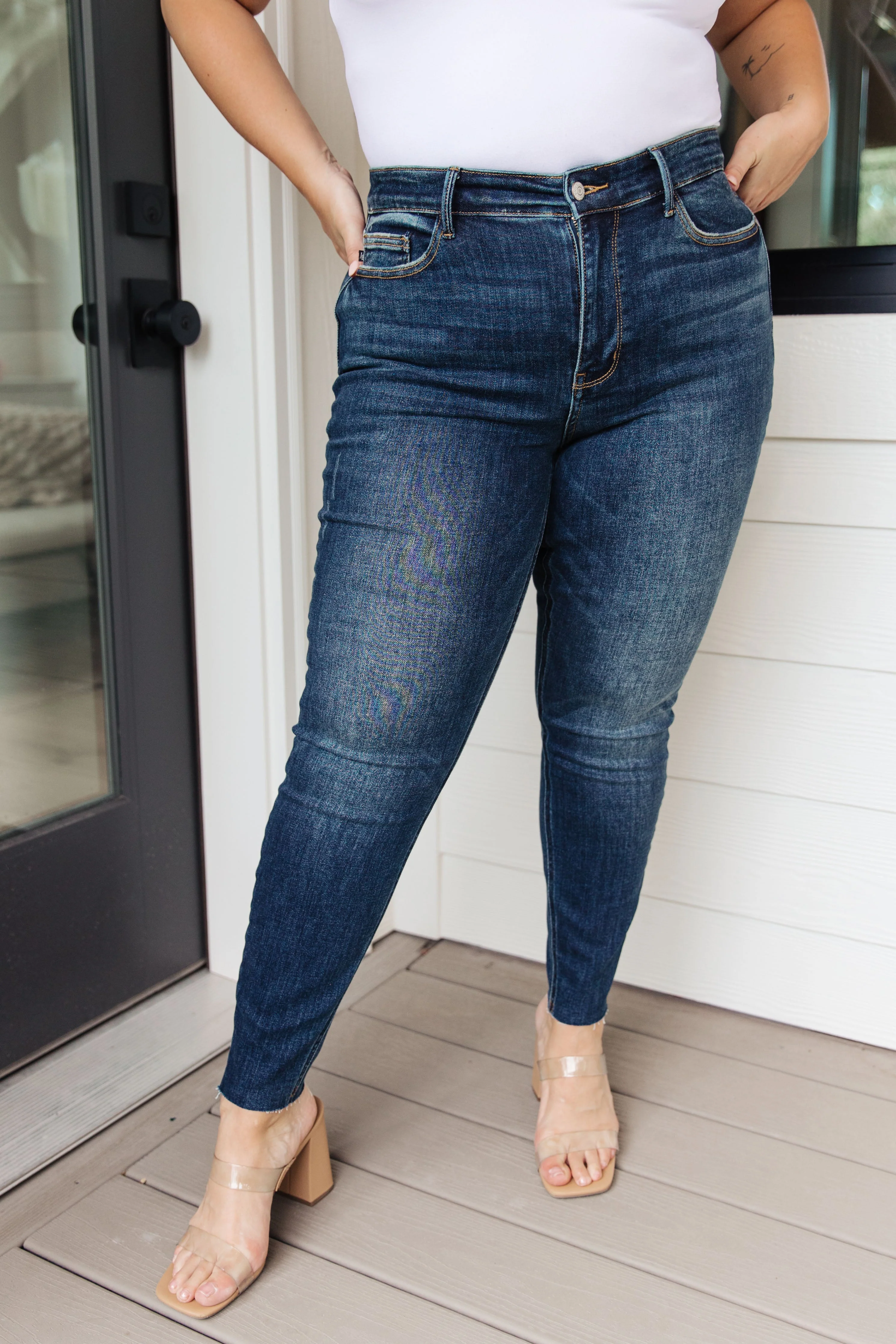 Blue Lydia Mid Rise Vintage Raw Hem Skinny Jeans