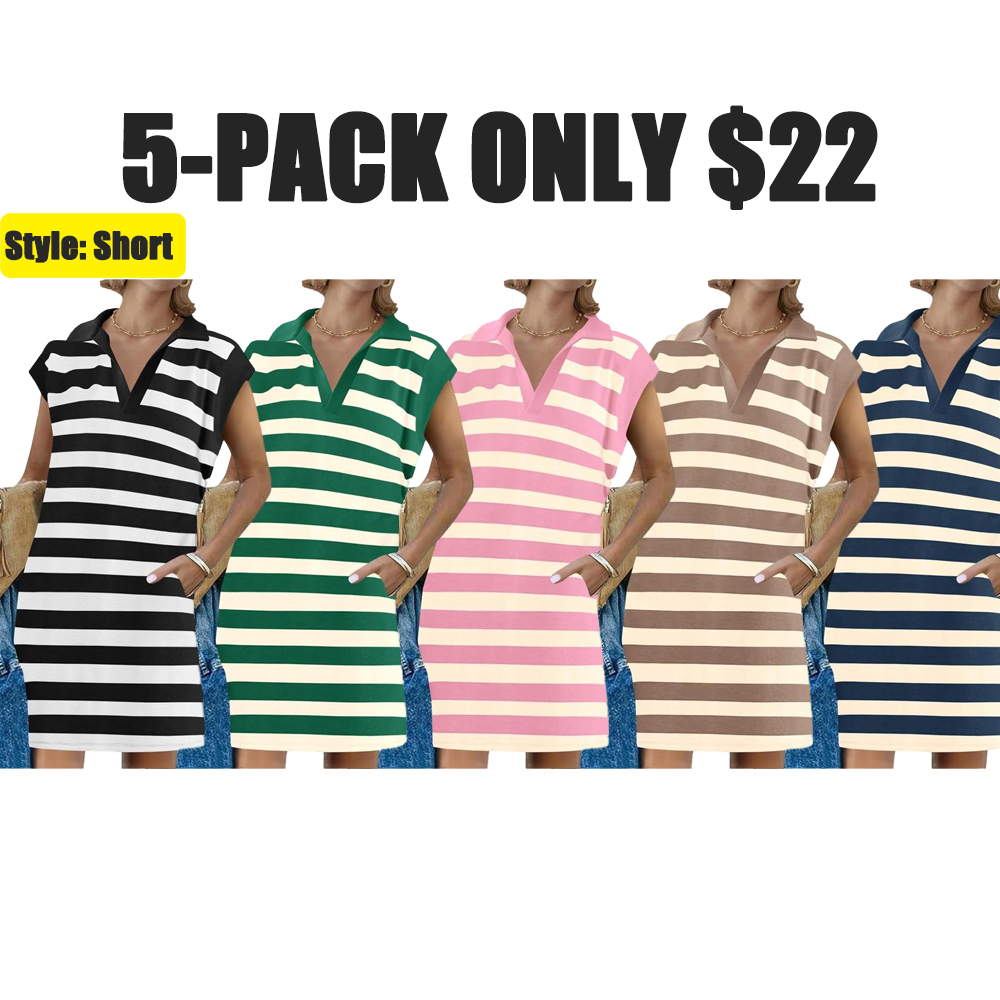 Women’s Striped Polo V-Neck Summer Dress – Sleeveless Loose Fit Midi T-Shirt Dress with Slit, Available in Long & Short Styles (Sizes S–5XL)