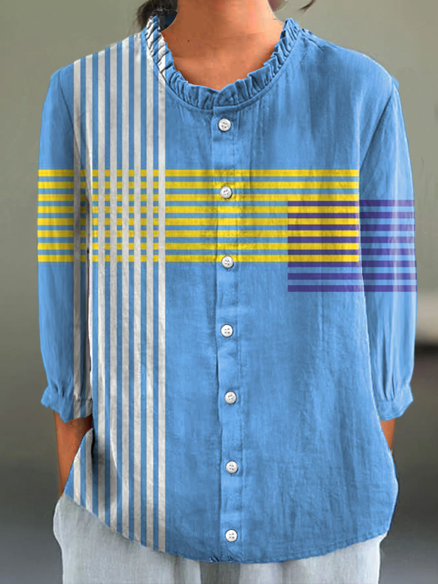 Women's Colorful Abstract Geometric Stripes Art Print Casual Cotton And Linen 3/4 Sleeve Shirt