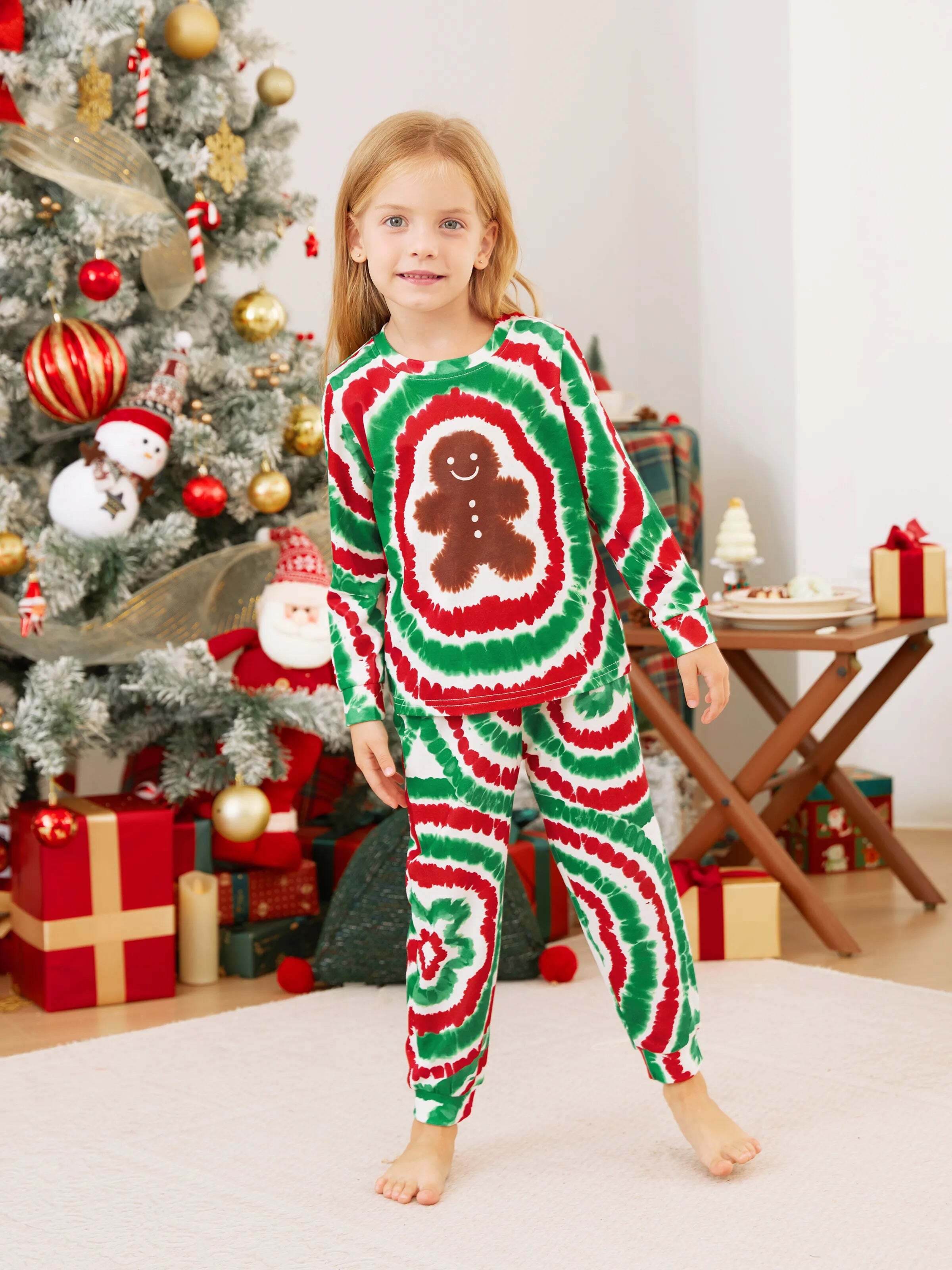 Christmas Family Red&Green Tie-Dye Gingerbread Man Pajamas Sets with Christmas Socks MultiColour