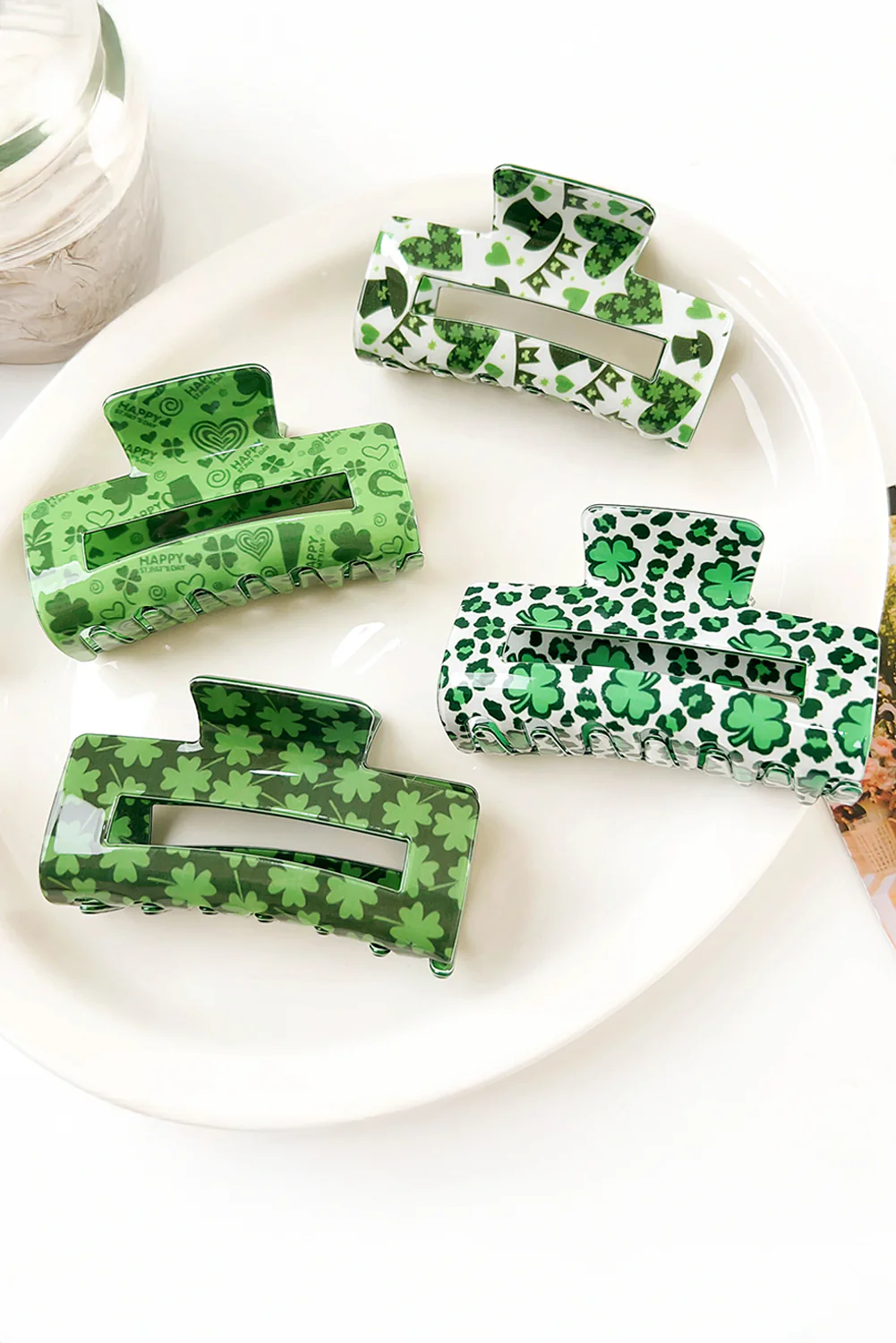 Grass Green St Patricks Clover Print Hollow Out Square Hair Clip