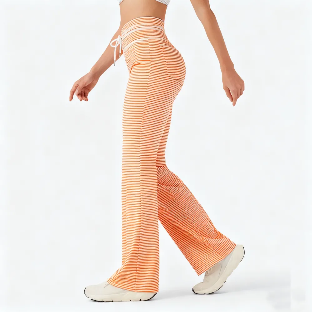 High Waisted Drawstring Stripe Flare Yoga Pants with Pockets