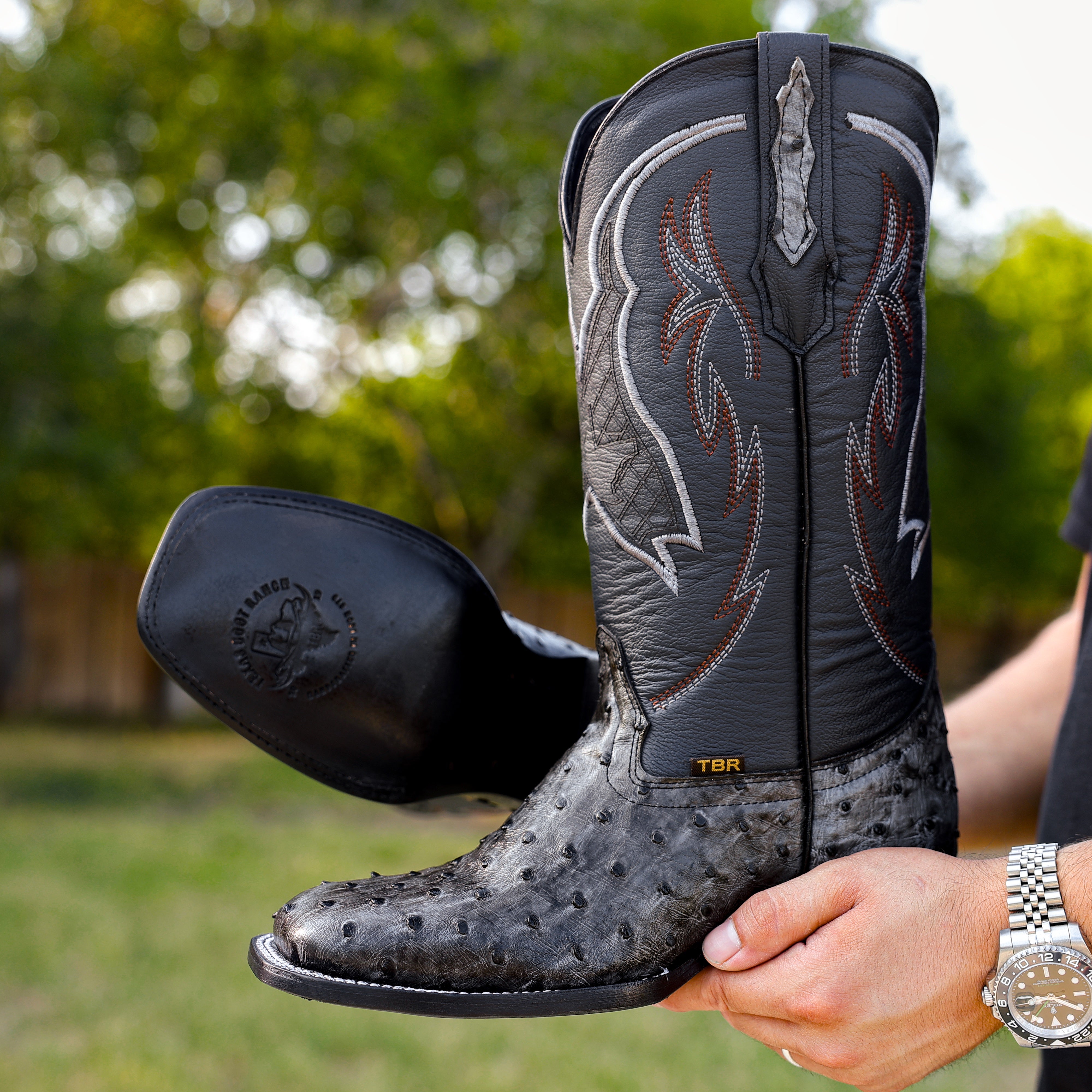Grey Ostrich Leather Boots - Square Toe