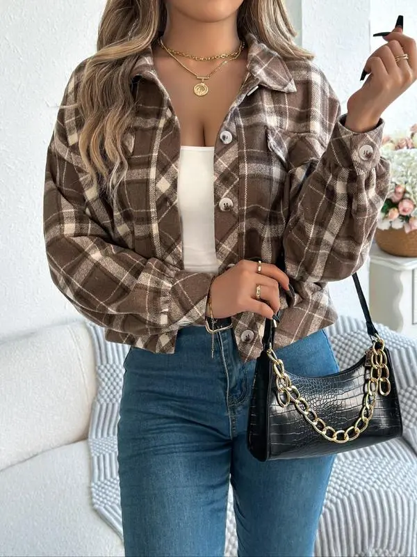 Women's Plaid Print Button Front Drop Shoulder Jacket