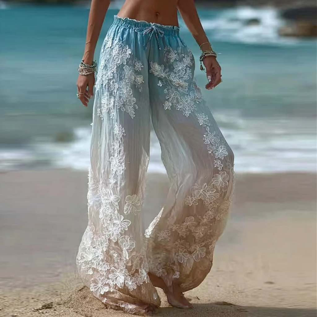 Bohemian Style Plant Flower Gradient Color Casual Long Pants