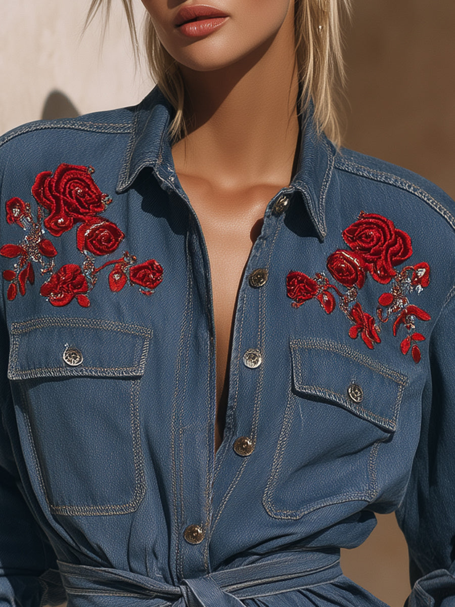 Casual Western Rose Embroidered Blue Denim Jacket
